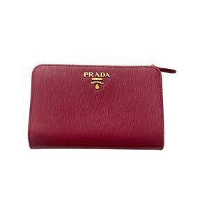 Prada Red Epi Leather Compact Wallet With Gold-Tone Zip & Snap Closure